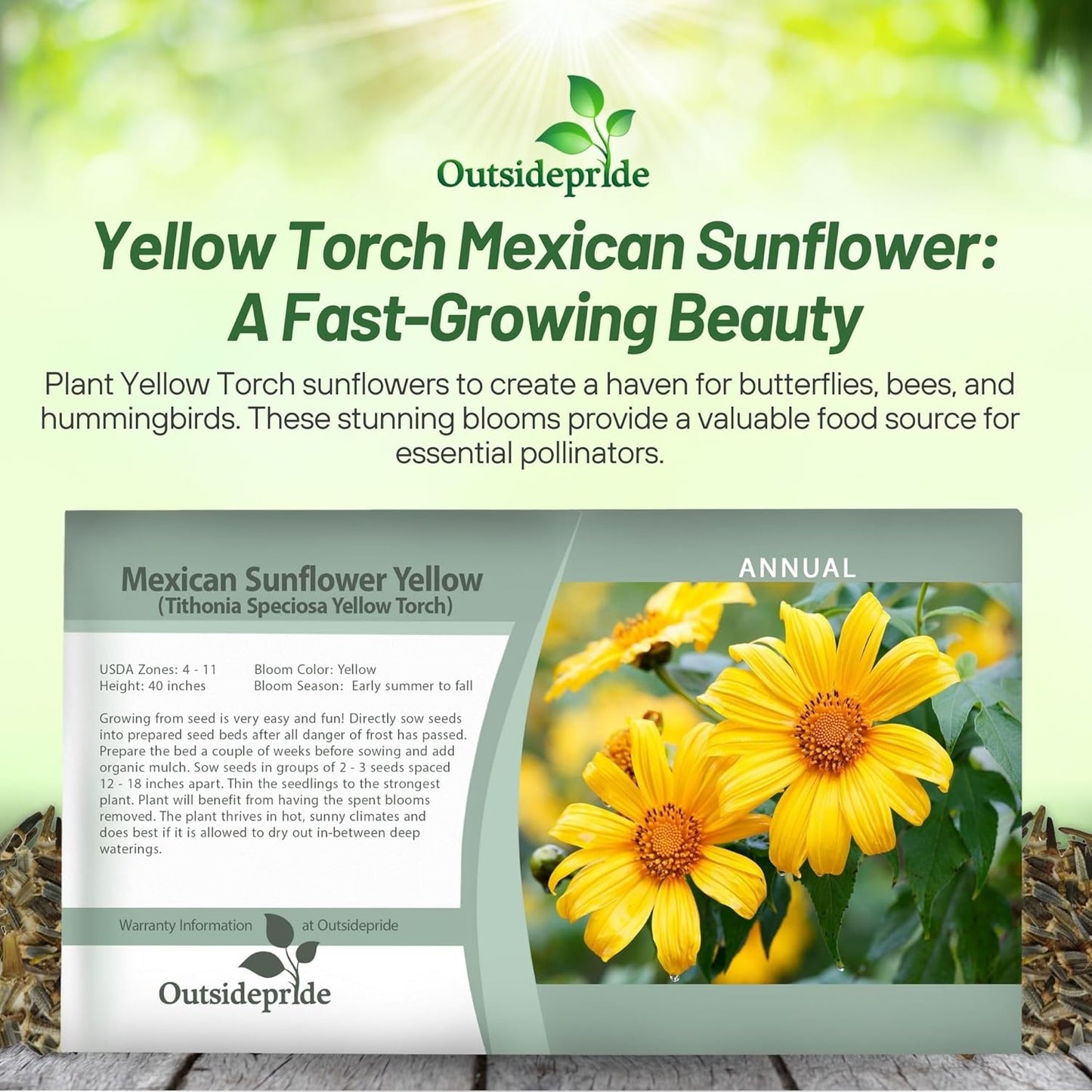 Outsidepride Yellow Torch Mexican Sunflower Seeds - 1000 Pcs Annual, Easy-to-Grow, Yellow Tithonia Speciosa Flower Seeds w/Drought-Tolerant Blooms for Pollinator Gardens & Vibrant Summer Landscaping