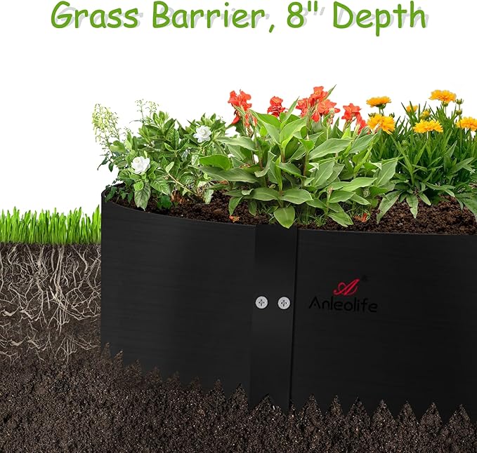 A ANLEOLIFE 6 Pack 40" LX 8" H Galvanized Steel Garden Landscape Edging, Bendable Hammer-in Metal Lawn Border with Gloves and 10 Stakes (20FT Total) (8 inch Tall, Black)