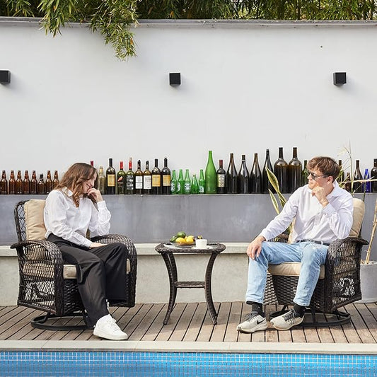 3 Pieces Patio Furniture Set, Outdoor Swivel Glider Rocker, Wicker Patio Bistro Set with Rocking Chair, Thickened Cushions and Table for Porch (Khaki)