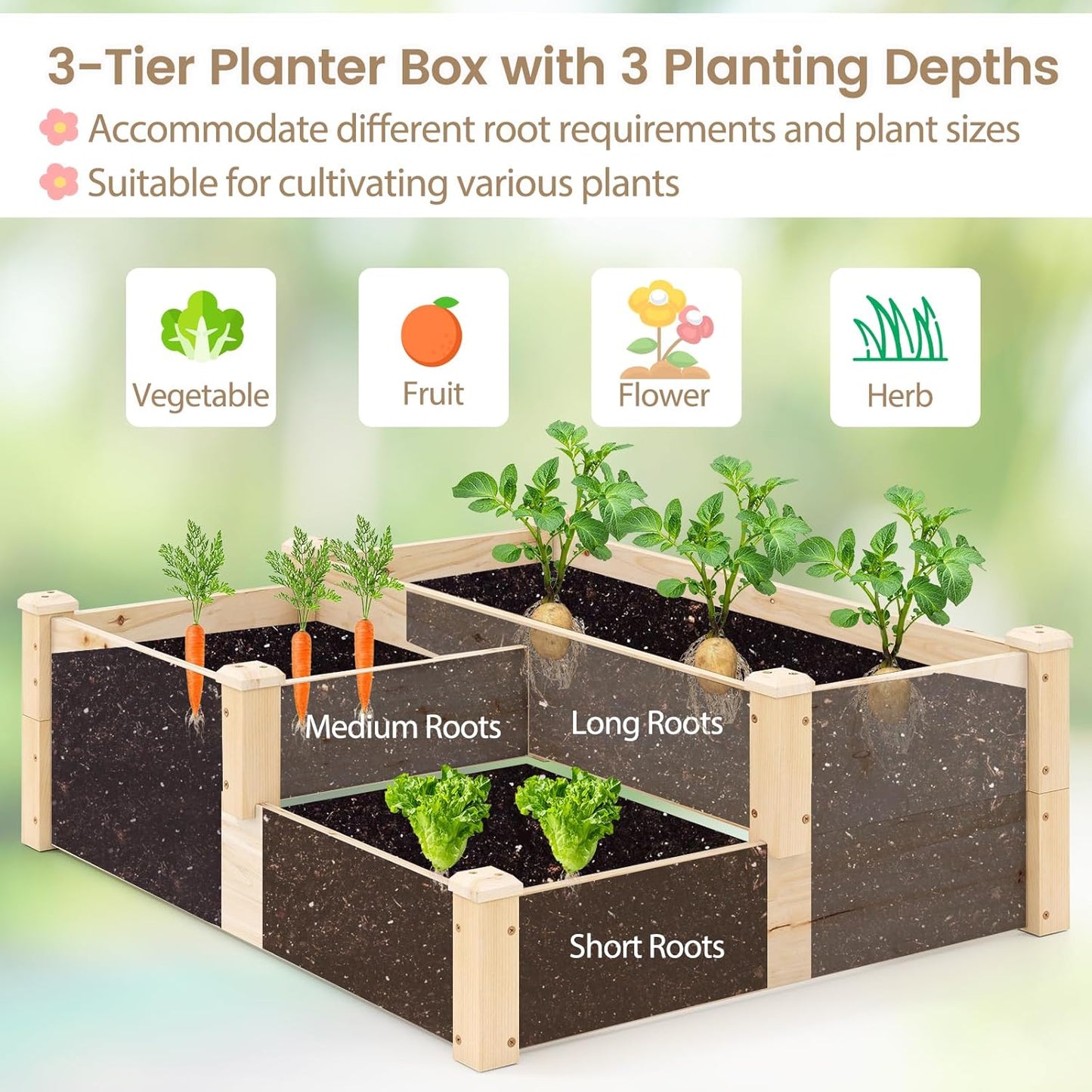 HAPPYGRILL 3-Tier Raised Garden Bed, Wood Elevated Planter Box w/Open-Ended Base, 3 Planting Depths& 2 Arrangement Options for Yard Lawn, Outdoor Planter Raised Beds for Vegetables Herbs Fruits