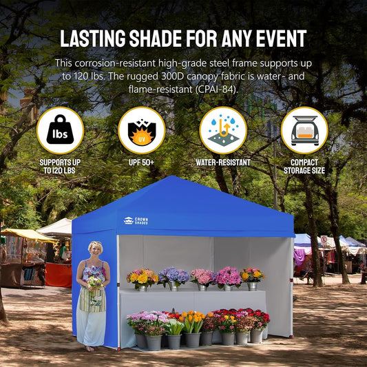 CROWN SHADES 10X10 Comercial Instant Canopy Pop Up Tent with Center Lock (10x10 with 4 Sidewalls, Blue)