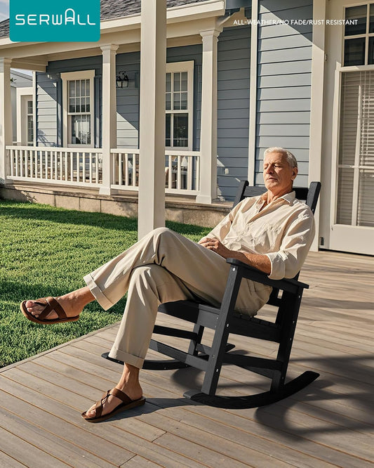 SERWALL Outdoor Rocking Chair Set of 2, HDPE Rocking Chairs for Adult, Black