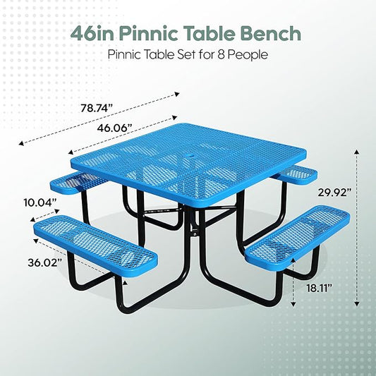 46" Square Picnic Table for Outside,Heavy Duty Metal Picnic Table Bench Set with 2in Umbrella Hole, 1600 lb Capacity,Commercial Dining Table Furniture for Garden Yard Patio Party Coffee Shop