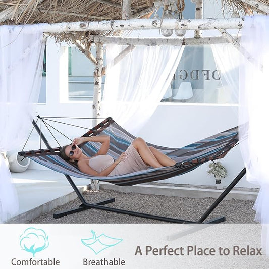 TegerDeger 12FT 2 Person Hammock Large Hammock Quick Dry 450LB Capacity with V Shaped Hardwood Spreader Bar & Nylon Rope for Outside, Patio, Garden, Backyard, Beach, Poolside - Brown Stripes