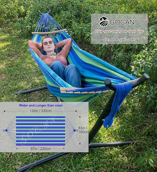 Double Hammock 2 Person Large 220x160cm with Steel Stand and Removable Spreader bar Load 500lb, Canvas Cotton Hammocks for Patio Porch Garden Backyard Outdoor and Indoor, Blue