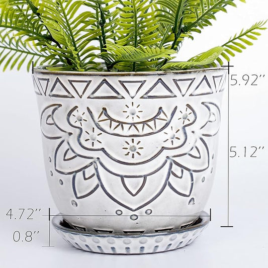 VanEnjoy 5.9 inch Round Bohemian Style Ceramic Planter, Geometry Engrave Off White Brown Succulent Planter Flower Pot, Indoor Outdoor Decorative Planter