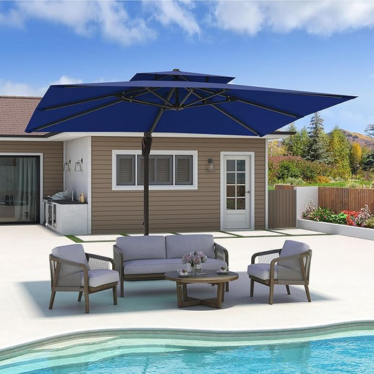 10x13 FT Cantilever Patio Umbrella with Base Included Double Top Outdoor Rectangular Large Heavy Duty Aluminum Offset Umbrellas with 7 Level Tilt 360-degree Rotation for Pool Garden Deck, Navy