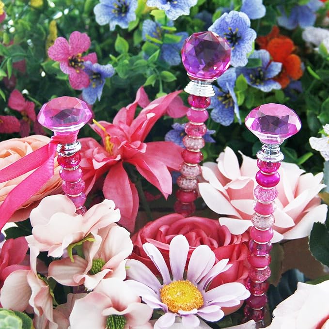 119 Pcs Garden Stake Diy Fairy Wand Plant Stake with Rose Red Large Hole Beads Crystal Diamond Stopper Top 4 Stainless Steel Threaded Rod Beaded Garden Stakes For Outdoor Indoor Yard Patio Decorations