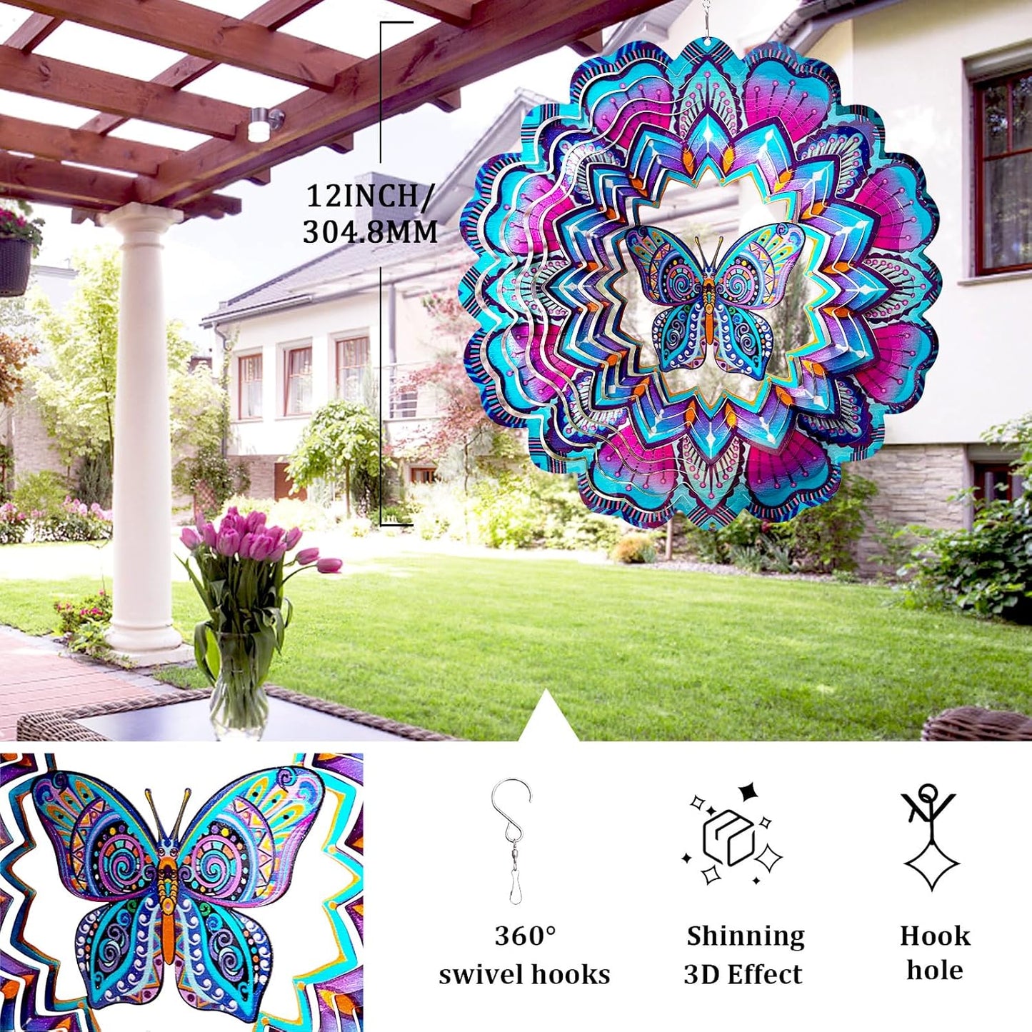 FONMY Wind Spinner Butterfly 12 inch 3D Stainless Steel Wind Sculpture Worth Gift Christmas Decor. Laser Cut Metal Art Geometric Pattern - Hanging Mandala Wind Spinners, Kinetic Yard Art Decorations