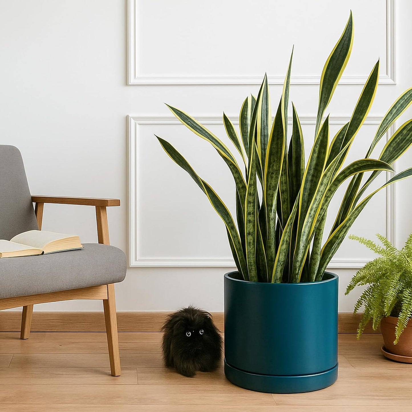 D'vine Dev 14 Inch Ceramic Planter Pot with Drainage Hole and Saucer, Indoor Cylinder Round Planter Pot, Teal, 94-O-G-9