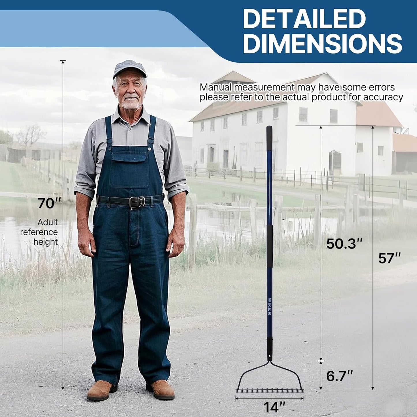 57 Inch Heavy Duty Garden Rake with Blue Fiberglass Handle - 14-Tooth Metal Yard Rake for Gardening, Farming, and Yard Work - Durable Hard Rakes for Heavy Duty Use