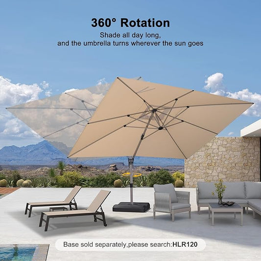 PURPLE LEAF 10' X 13' Patio Umbrella, Rectangle Outdoor Cantilever Umbrella, Aluminum Offset Umbrella with Champagne Frame and 360° Rotation for Pool Deck Garden, Beige