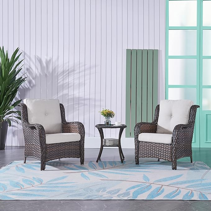 Rilyson Patio Bistro Set Wicker Chairs - 3 Piece Outdoor Rattan Conversation Set with 2 Armrest Chair and 1 Side Table for Proch Deck Garden Backyard Balcony(Brown/Beige)