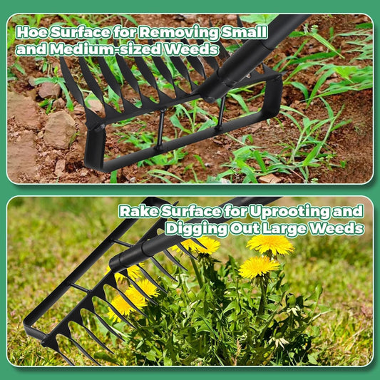 Stirrup Hoe Garden Tool Weed Puller with 76.8Inch Adjustable Stainless Steel Handle, Heavy Duty Hula Hoe and 12 Tines Rake 2 in 1 Gardening Tools Garden Cultivator for Weeding Soil Loosening, Black
