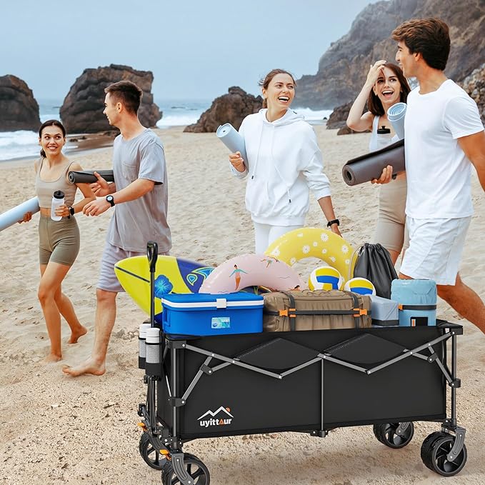 300L Extra Large Collapsible Foldable Wagon, 440lbs Load Capacity 48''L Extended Heavy Duty Folding Beach Wagon with Big All-Terrain Wheels, Utility Garden Cart for Outdoor Activities, Black