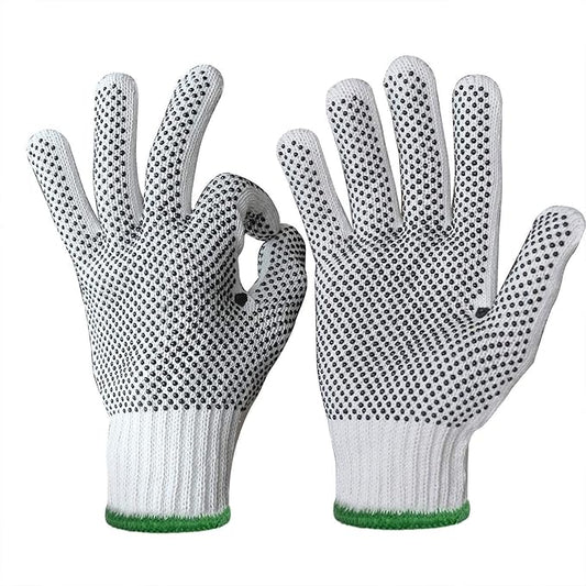 Evridwear Cotton Polyester String Knit Shell Safety Protection Work Gloves for Painter Mechanic Industrial Warehouse Gardening Construction Men & Women 12 Pairs, With Two Side dots, XL Size