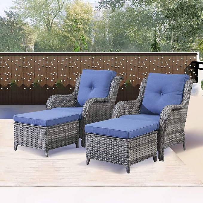 Rilyson Wicker Patio Furniture Set - 4 Piece Rattan Outdoor Sectional Conversation Sets with 2 Chairs and 2 Ottomans for Porch Deck Garden(Mixed Grey/Blue)
