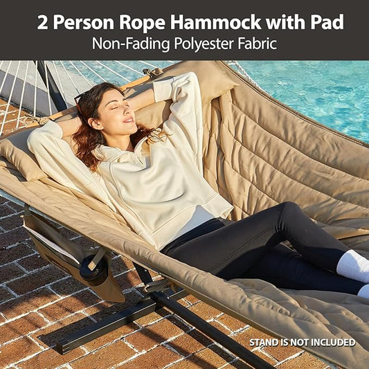 Outdoor Double Hammock with Hardwood Spreader Bars, Large Rope Hammock with Polyester Pad and Pillow, 475 LBS Capacity for 2 Person Patio Backyard Poolside - Tan