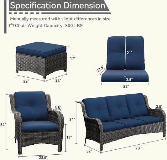 Patio Conversation Set 5-PCS Wicker Outdoor Furniture Conversation Set with 3-Seat Sofa, 2 Armchair, 2 Ottoman Patio Rattan Wicker Sectional Sofa Set with Olefin Cushion, Blue