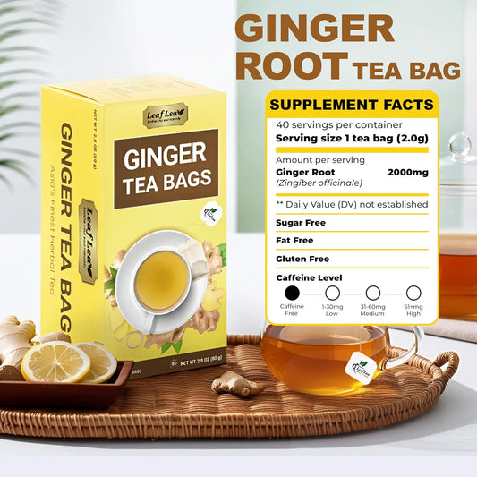 LeafLea 40 Ginger Tea Bags, 100% Pure & Natural from Dried Ginger Root Tea, Spicy & Comforting Herbal Tea Supports Digestion, Caffeine Free, Sugar Free, No Gluten, Non-GMO, Vegan