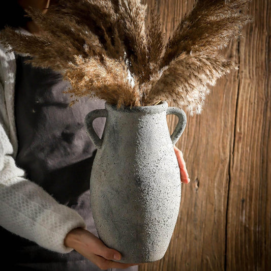 Large Ceramic Rustic Vase,11.3 inch Tall Farmhouse Flower Vase with 2 Handles for Home Decor, Living Room Entryway Table Centerpiece Decor