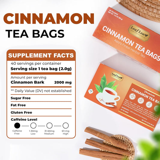 LeafLea Cinnamon Tea Bags, 80 Count (2-Pack), 100% Natural Ground Cinnamon Stick Herbal Tea, Spiced and Warming Flavor for Relaxation, Caffeine-Free, Sugar-Free, Vegan