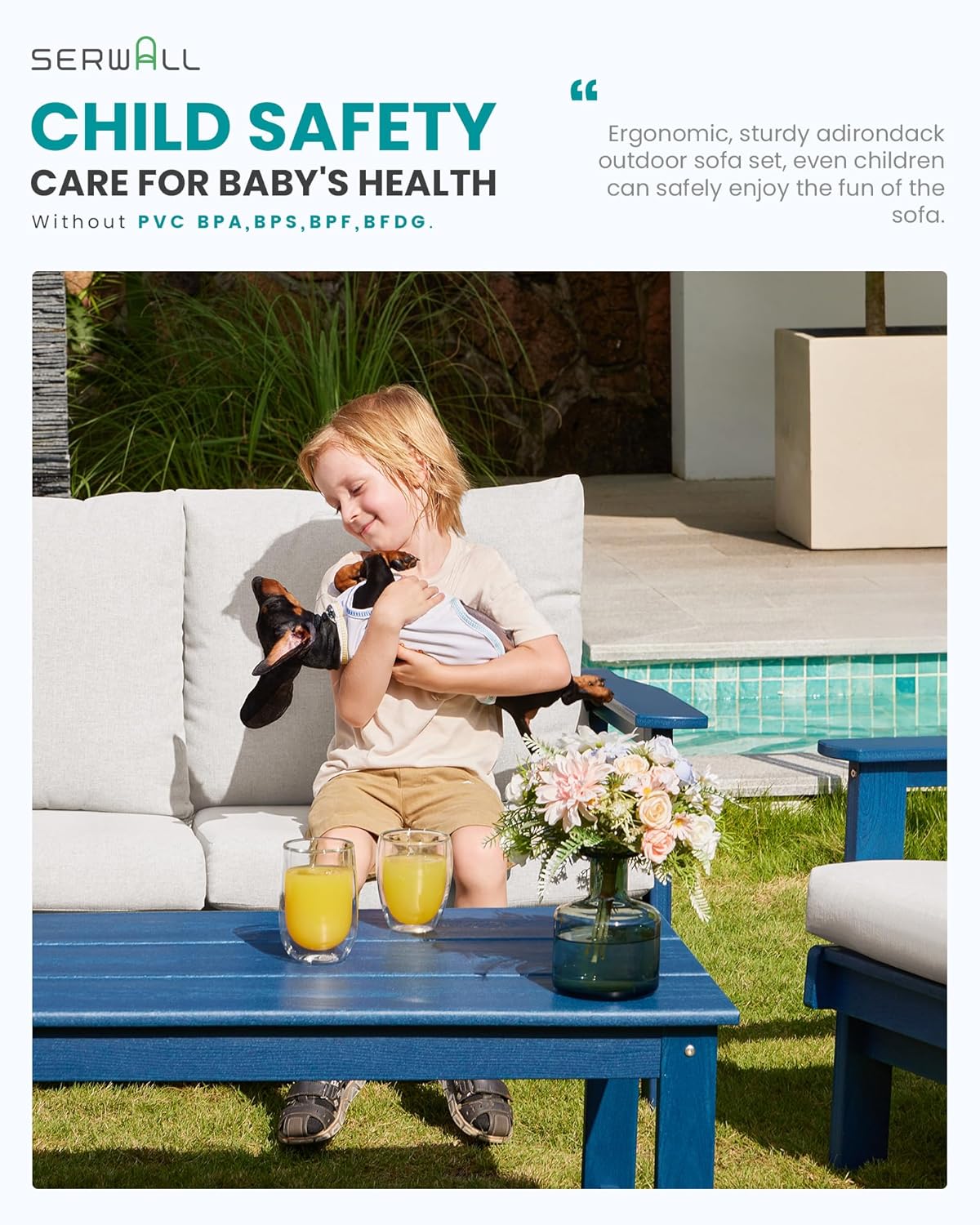 SERWALL 4 Piece HDPE Outdoor Furniture Set, All Weather Wood-Like Outdoor Sofa Sectional Couch, Bllue Patio Furniture Set with Khaki Cushions