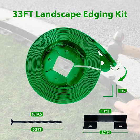 Landscape Edging Border 33 FT 2 Inch Tall with 60 Spikes, Plastic Edging for Landscaping, Garden Edging Border, Flower Bed, Paver and Lawn Edging Border, Green
