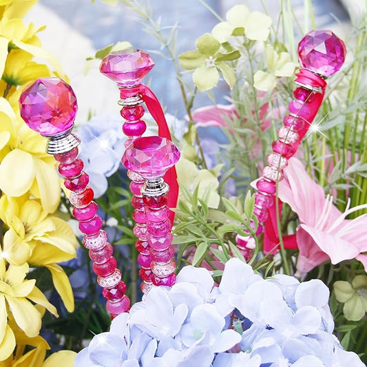 119 Pcs Garden Stake Diy Fairy Wand Plant Stake with Rose Red Large Hole Beads Crystal Diamond Stopper Top 4 Stainless Steel Threaded Rod Beaded Garden Stakes For Outdoor Indoor Yard Patio Decorations
