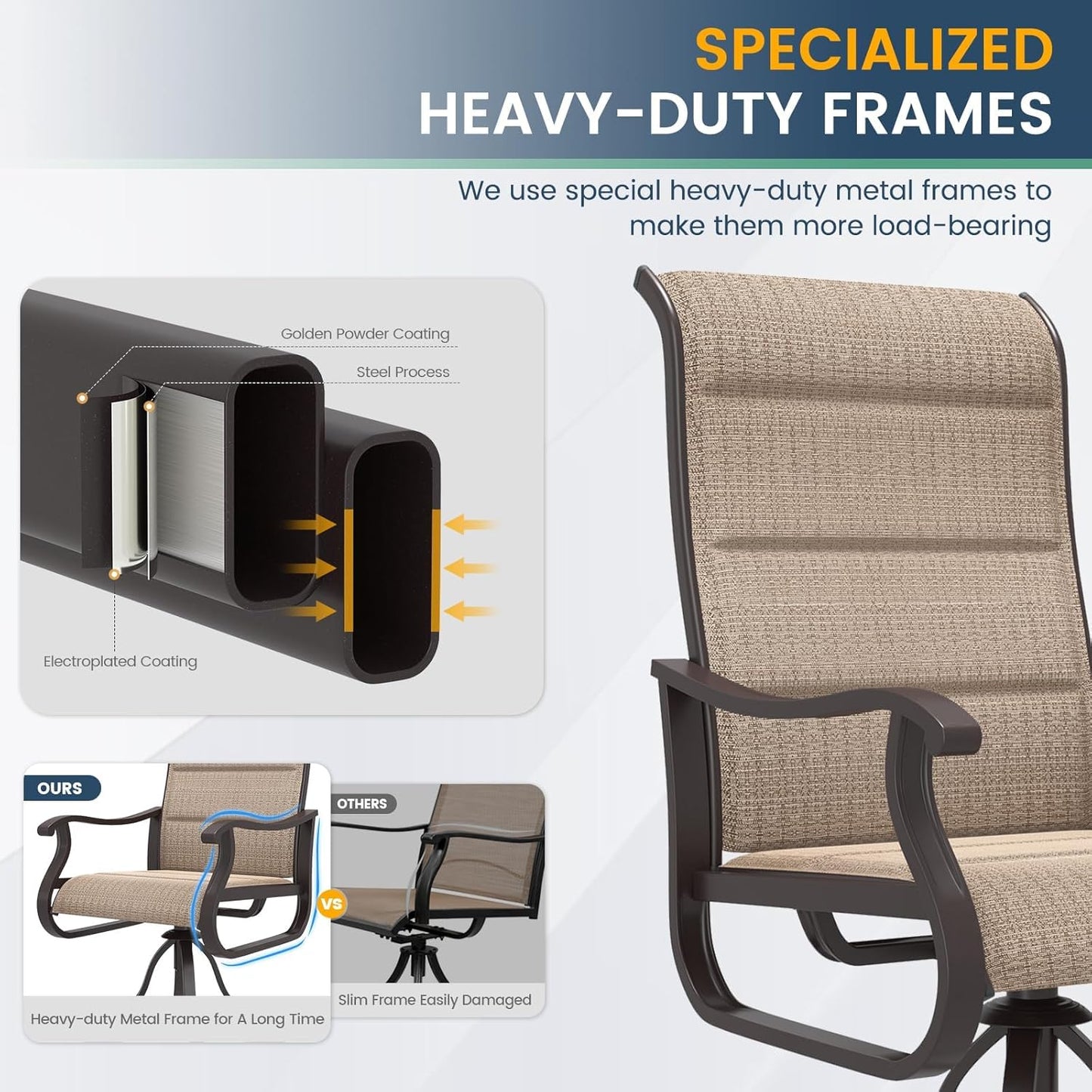 Amopatio Padded Patio Swivel Chairs Set of 6, Outdoor Dining Chairs with Ultra Soft Textilene High Back Seat & Metal Rocker Frame, for Backyard Deck Lawn Garden, Brown