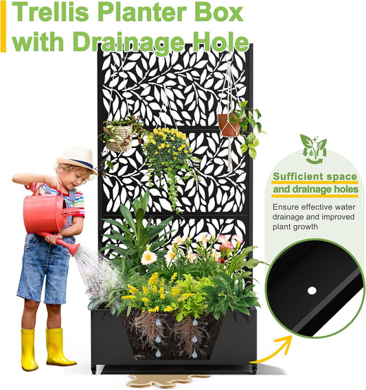 FENCY Metal Raised Garden Bed with Wheels and Trellis,73"x35"x16" Planter Box for Climbing Plants, Vegetables & Vines, Features Privacy Screen and Drainage Holes (Black-Leaf-2)