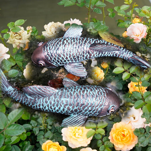 Garden Sculptures & Statues,Koi Fish Decor,Garden Fish Art,Set of 2 Antique Koi Fish Yard Art Decor for Outdoors,Patio,Yard,Lawn,Pond,Home Decoration (Bronz)