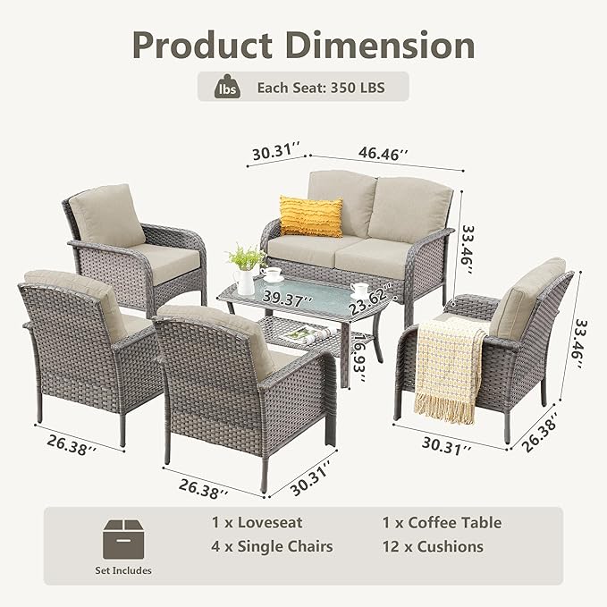 6-Piece Wicker Patio Furniture Set, All-Weather Rattan Conversation Bistro Loveseat Chair and Table Set for Backyard, Balcony and Deck with Soft Cushions and Metal Table(Beige)