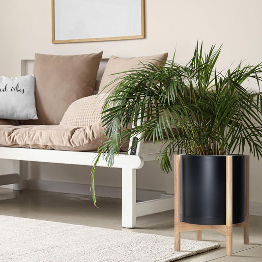D'vine Dev Planter Pot with Stand - 14 Inch Plastic Cylinder Flower Pot with Wood Planter Holder for Indoor, Matte Black Pot + Natural Stand, 55-C-S-2