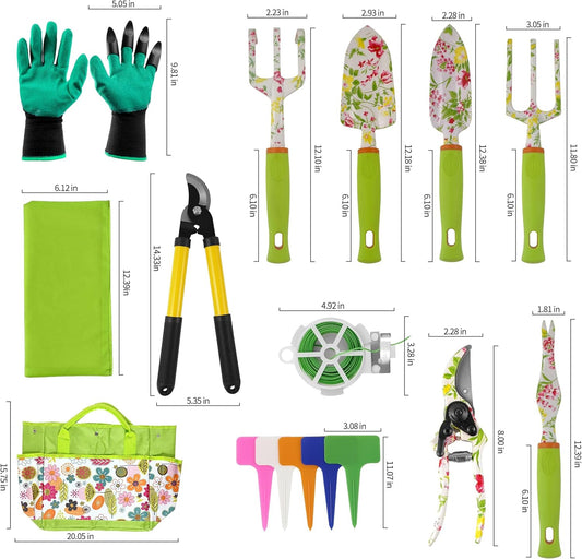 41-Piece Premium Gardening Tool Set, Stainless Steel Heavy Duty Gardening Tool Kit, with Non-Slip Rubber Grip, Storage Tote Bag, Outdoor Hand Tools, Ideal Gardening Gifts for All (Pink Floral)