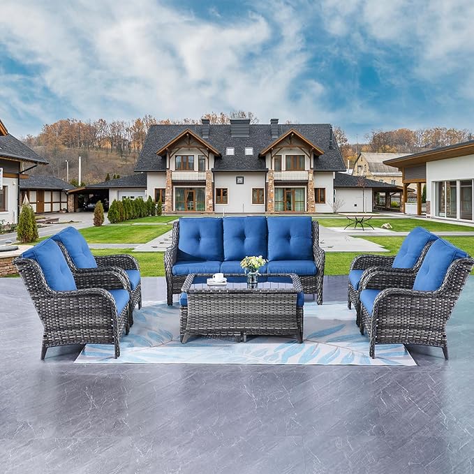 Rilyson Wicker Patio Furniture Chairs Set - 8 Piece Rattan Outdoor Patio Sectional Conversation Sets with Sofa,Armrest Chairs,Coffee Table and Ottomans for Porch Deck Garden(Mixed Grey/Blue)