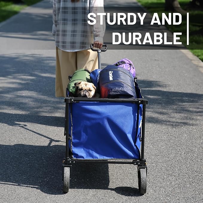 EchoSmile Collapsible Foldable Wagon Cart with 350lbs Weight Capacity, Heavy Duty Folding Utility Sport Wagon with Removeble Wheels for Camping,Grocery,Garden,Beach,Bule