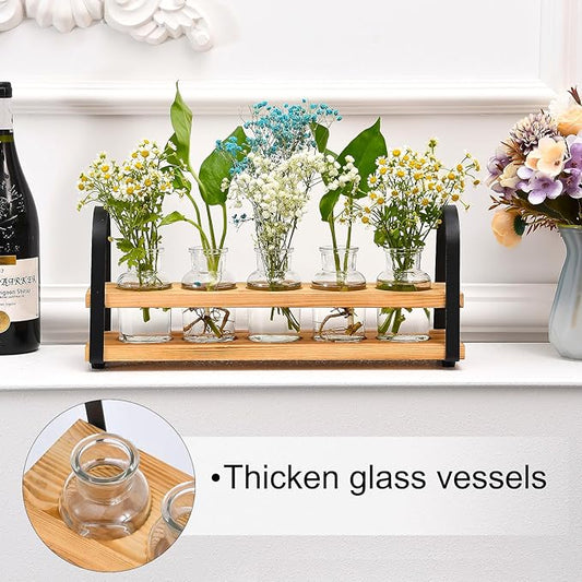 Plant Propagation Station with Wood Stand, Desktop Terrarium for Hydroponic, Flower Vase for Home, Kitchen, Office Decor, Plant Lover Gifts