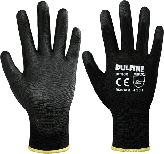 DULFINE Ultra-Thin PU Coated Work Gloves-12 Pairs,Excellent Grip,Nylon Shell Black Polyurethane Coated Safety Work Gloves, Knit Wrist Cuff,Ideal for Light Duty Work. (Large)