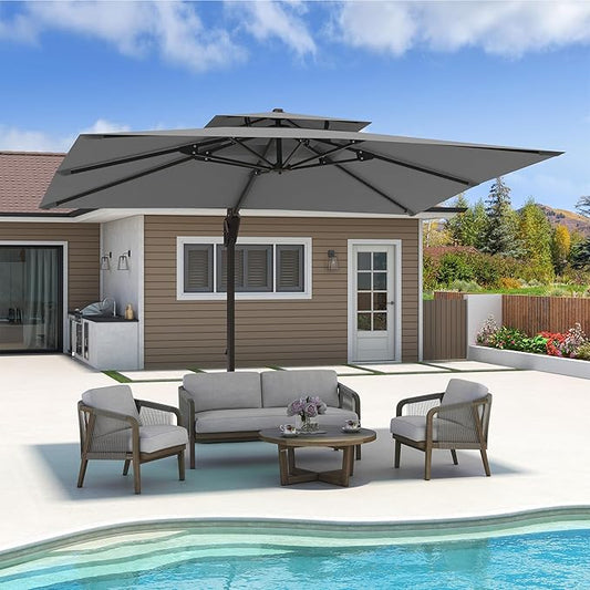 10x13 FT Cantilever Patio Umbrella with Base Included Double Top Outdoor Rectangular Large Heavy Duty Aluminum Offset Umbrellas with 7 Level Tilt 360-degree Rotation for Pool Garden Deck, Grey