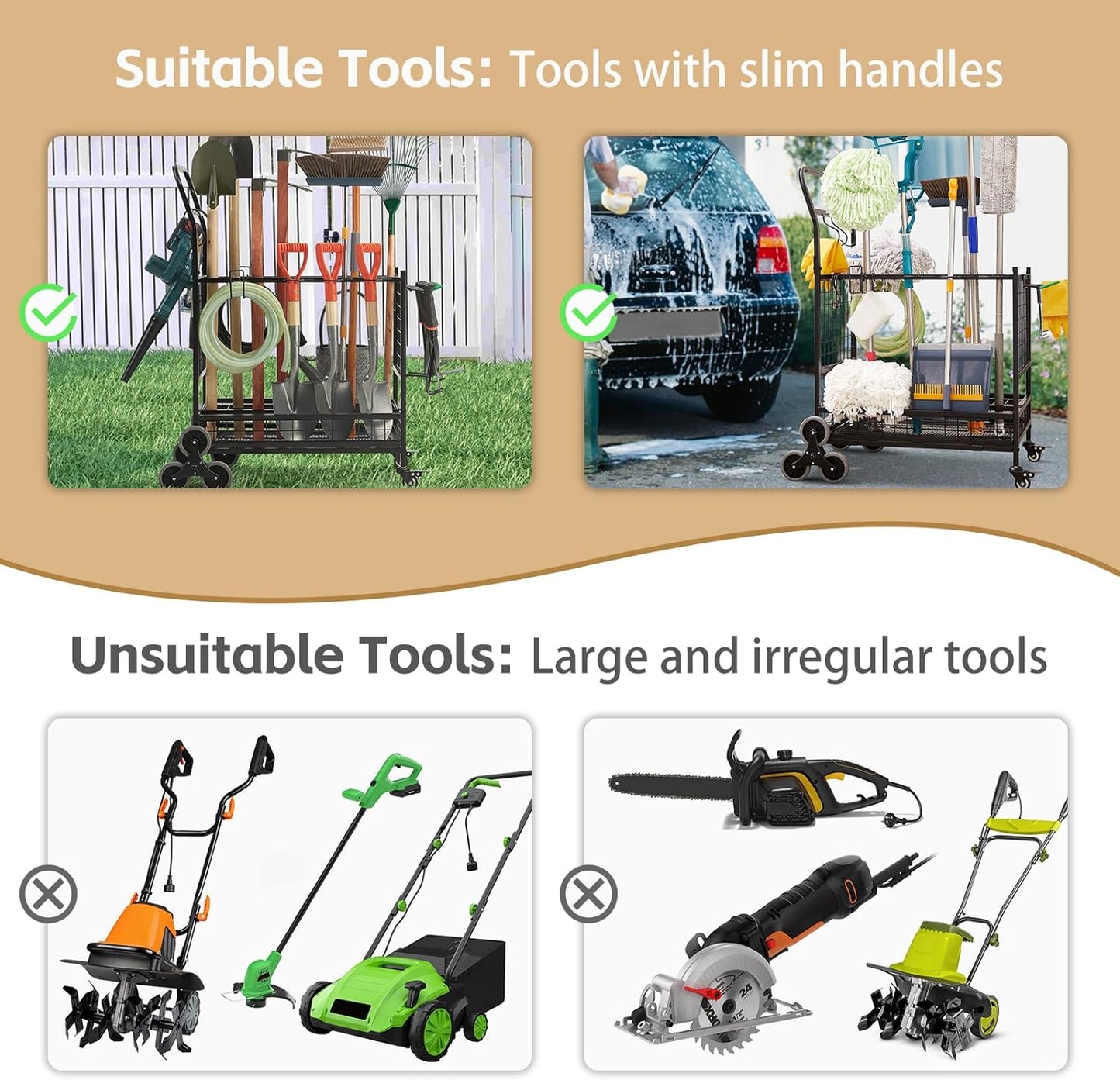 Lauren&Harold Garden Tool Organizer for Garage, Yard Tools Storage Rack with 2 Stair-Climbing Wheels, Gardening Tool Storage Holder for Garage, Yard, Lawn and Outdoor, Garden Tool Rolling Cart