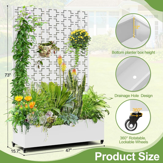 Raised Garden Bed with Trellis and Wheels,73"x47"x16" Metal Raised Garden Bed,White Squared Metal Planter with Climbing Trellis for Vines & Vegetables