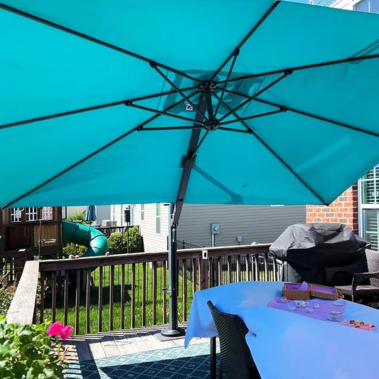 PURPLE LEAF 11 FT Square Patio Umbrella with Base Included Large Outdoor Offset Umbrella with 360-degree Rotation Cantilever Umbrella for Garden Deck Backyard Pool Turquiose