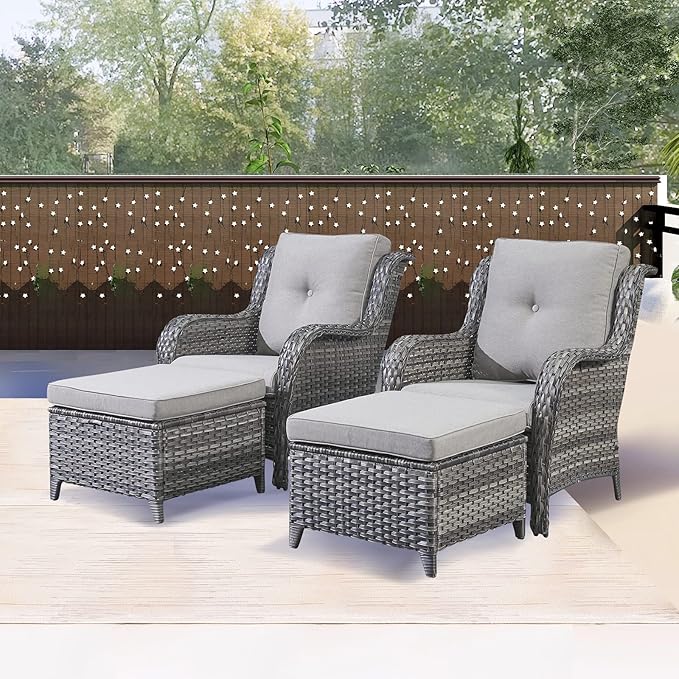 Rilyson Wicker Patio Furniture Set - 4 Piece Rattan Outdoor Sectional Conversation Sets with 2 Chairs and 2 Ottomans for Porch Deck Garden(Mixed Grey/Grey)