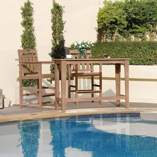 HDPE Outdoor Patio Bar Set with High Top Table and 2 Adirondack Chairs, All-Weather Bar Height Outside Rectangular Pub Furniture for Bistro, Garden, Backyard, Deck | 3-Pieces, Teak