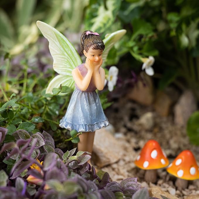 PRETMANNS Fairies for Fairy Garden - Colorful Accessories Kit for an Indoor or Outdoor Miniature Garden - 7 Piece Hand-Painted Resin Figurine Set with a Flower Stump & Mushrooms