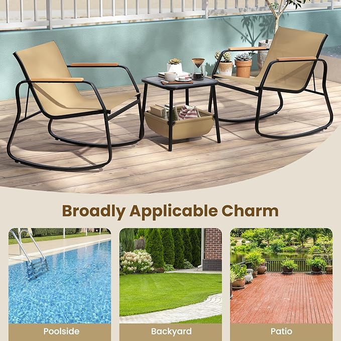 Tangkula 3 Piece Rocking Bistro Set Outdoor, Patio Rocking Chairs & Side Table with Storage Basket, Wood-Like Armrests & Metal Frame, Patio Furniture Set for Porch, Backyard, Lawn & Poolside