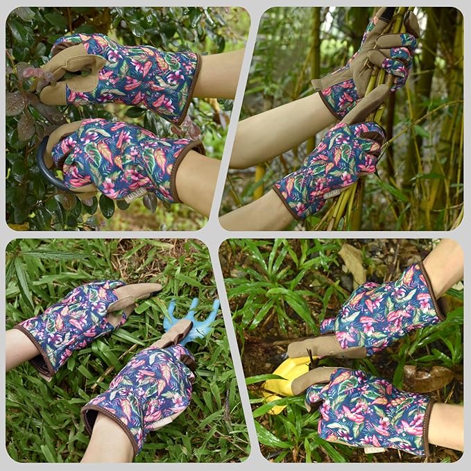 Gardening Gloves for Women and Men, Garden Gloves with Touch Screen, Thorn Proof Puncture Resistant Working Gloves, Gardening Gifts for Women,Blue-brown flowers M