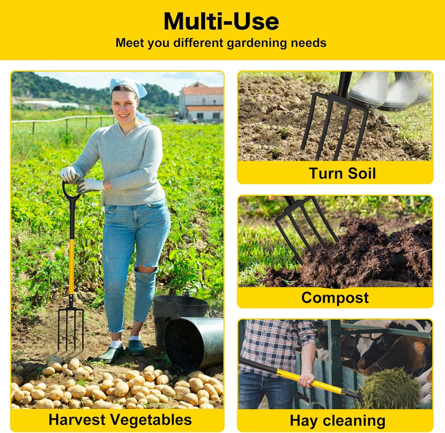 Pitch Fork, 4 Tine Heavy Duty Garden Fork with Ergonomic No-Slip D-Grip Handles, 45 Inches Long Handle Spading Fork, Perfect for Gardening Digging, Land Management, Yard work, Farming (Black)