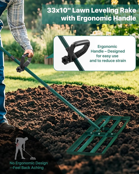 Lawn Leveling Rake 33x10'', Yard Leveling Rake with 78'' Back-Saving Adjustable Handle, Stainless Steel Lawn Leveler Tool for Garden, Backyard, Farm, Golf Course